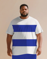 Men's Plus Size Casual White & Blue Contrast Thick Short-sleeved T-shirt Shorts Suit